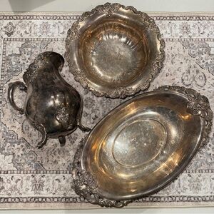 Wallace Baroque Silverplate 3pc Serving Set Platter Bowl Pitcher Vintage